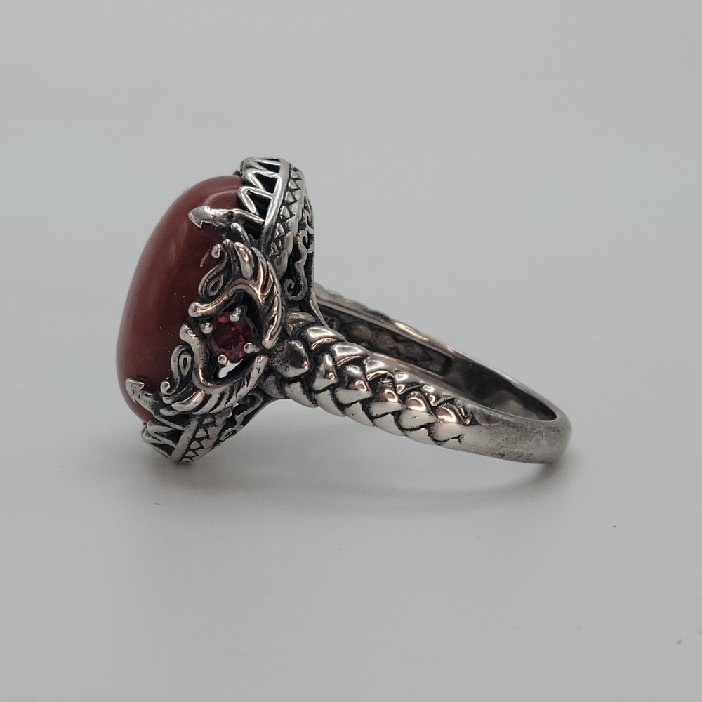 Ornate Sterling Silver Ring Dark Red Cabochon Natural Stone Size 9.75